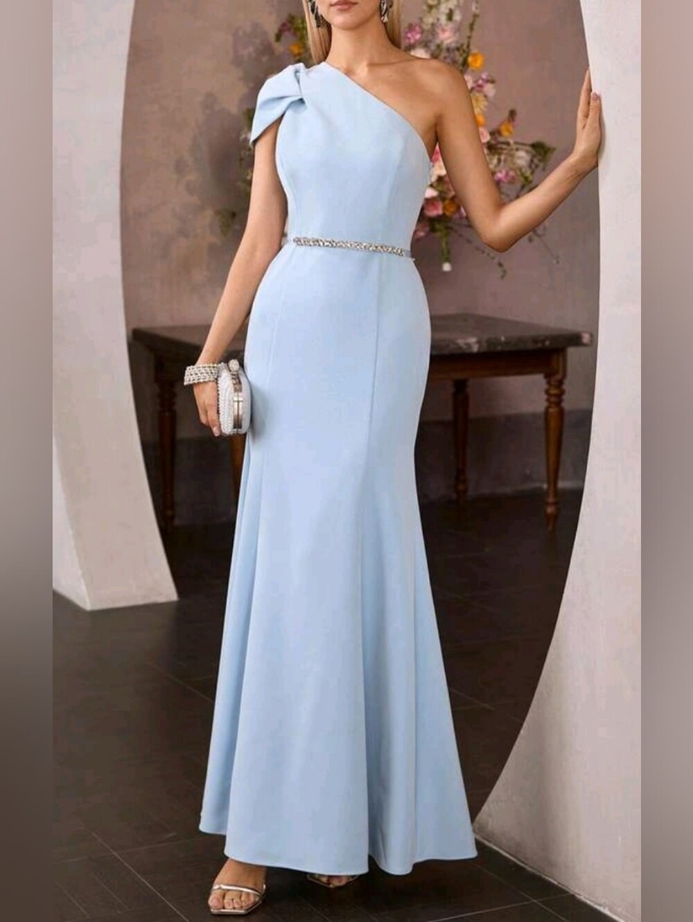 New Luxe One Shoulder Bow Mermaid Maxi Dress Gown Light Blue